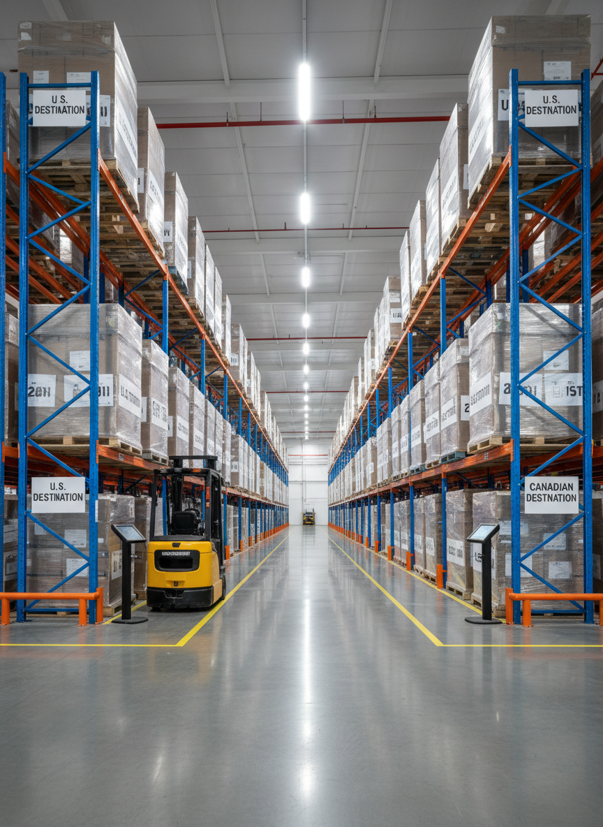 Inside a spotless, high-ceilinged warehouse, rows of tall, blue and orange pallet racking stretch into the distance, holding neatly wrapped pallets labeled for U.S. and Canadian destinations. Smooth concrete floors reflect overhead LED lighting, which creates bright, even illumination with subtle, soft-edged shadows beneath the shelving. In the foreground, a modern, yellow electric forklift is parked beside a clearly marked staging area with painted floor lines and barcode scanning stations. Shot from a slightly low, wide-angle perspective, the composition draws the eye down the central aisle, suggesting depth and scale. The overall mood is highly organized, professional, and dependable, captured in clean photographic realism with a cool, neutral color palette to communicate secure, efficient warehousing services.