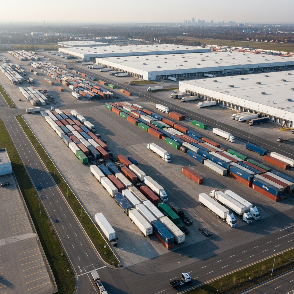 An expansive aerial view of a large, modern logistics yard featuring neatly lined rows of semi-trailers, intermodal containers, and a separate section of refrigerated units with visible cooling systems on their fronts. The warehouse roofs are clean and white, with clearly marked loading bays and wide, well-organized traffic lanes. Late afternoon sunlight casts long, precise shadows, emphasizing structure and scale. The camera perspective is high and slightly angled, capturing the full network-like layout in sharp detail while the distant city skyline fades into a gentle haze. The mood is organized, efficient, and forward-looking, rendered in crisp photographic realism with balanced, natural colors to highlight the integrated logistics network spanning trucking, intermodal, and warehousing.