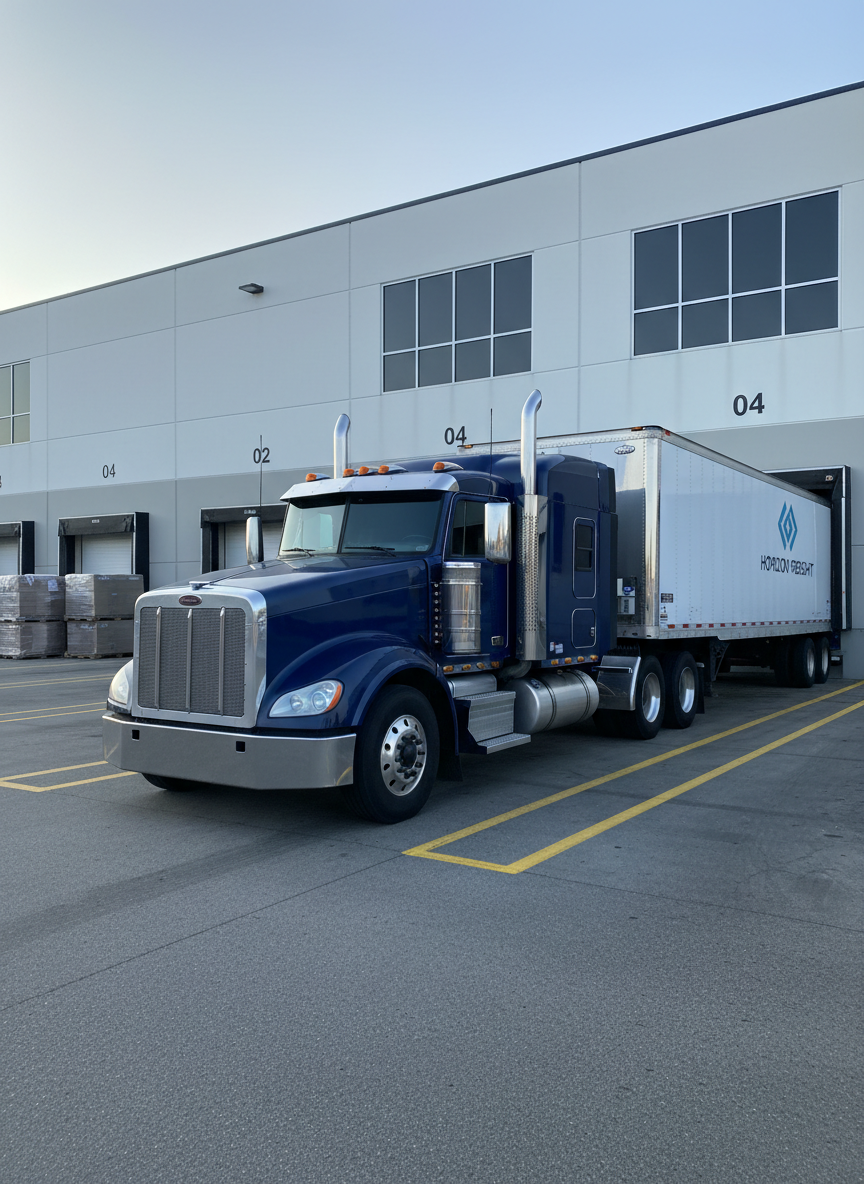 A gleaming dark-blue semi-truck with a polished stainless-steel trailer, branded with a subtle, abstract logistics logo, is parked neatly at a modern distribution center dock. The building features clean white metal paneling, clearly numbered bay doors, and neatly painted loading lines on the asphalt. Early morning, diffused natural light creates soft reflections along the truck’s curved surfaces and crisp shadows beneath. The scene is photographed at eye level with a slight three-quarter angle on the tractor, emphasizing strength and reliability. Background trailers and stacked pallets are softly out of focus, creating a shallow depth of field. The photographic realism and clean, professional aesthetic convey trust, precision, and nationwide trucking capability without any human presence.
