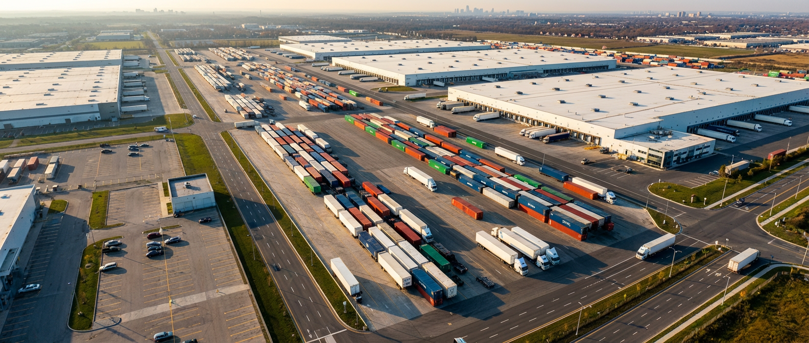 An expansive aerial view of a large, modern logistics yard featuring neatly lined rows of semi-trailers, intermodal containers, and a separate section of refrigerated units with visible cooling systems on their fronts. The warehouse roofs are clean and white, with clearly marked loading bays and wide, well-organized traffic lanes. Late afternoon sunlight casts long, precise shadows, emphasizing structure and scale. The camera perspective is high and slightly angled, capturing the full network-like layout in sharp detail while the distant city skyline fades into a gentle haze. The mood is organized, efficient, and forward-looking, rendered in crisp photographic realism with balanced, natural colors to highlight the integrated logistics network spanning trucking, intermodal, and warehousing.